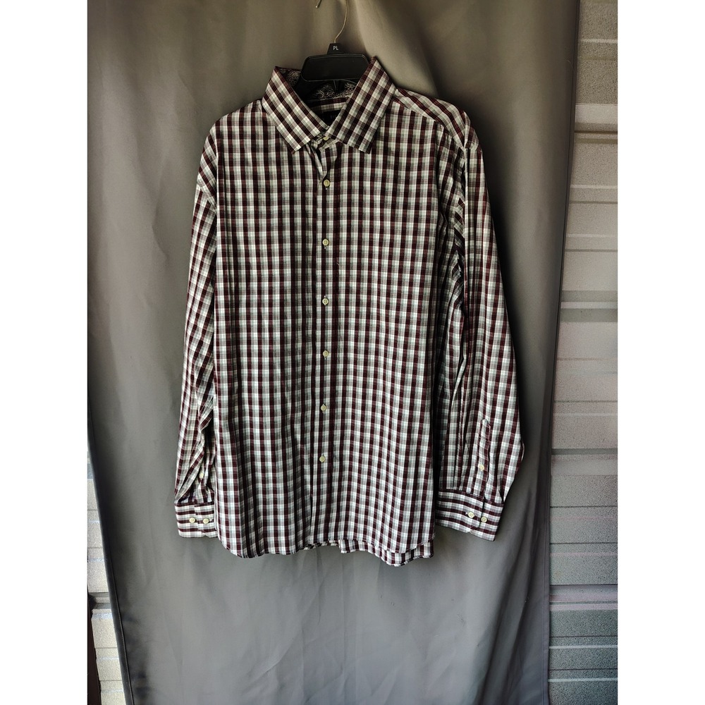 Ziggurat Womens XL Plaid Button Down Shirt Burgundy White Long Sleeve Paisley